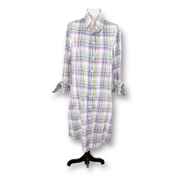 Bell by Alicia Bell Cotton Summer Plaid Shirtdress w/Ruffle Fold-over Cuffs 14 - Picture 12 of 13